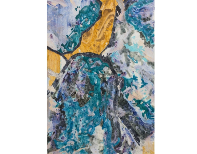 許聖泓 SHIU Sheng-Hung，鈷 The Glacial Landscape#6-Cobalt，2021，壓克力顏料、油彩、合成色粉、天然色粉（赭石、藍鐵礦、氧化鈷）、畫布 Acrylic, Oil, Synthetic pigments and Natural pigments (Natural Ochre, Vivianite, Cobalt Oxide) on canvas，45 x 65 cm