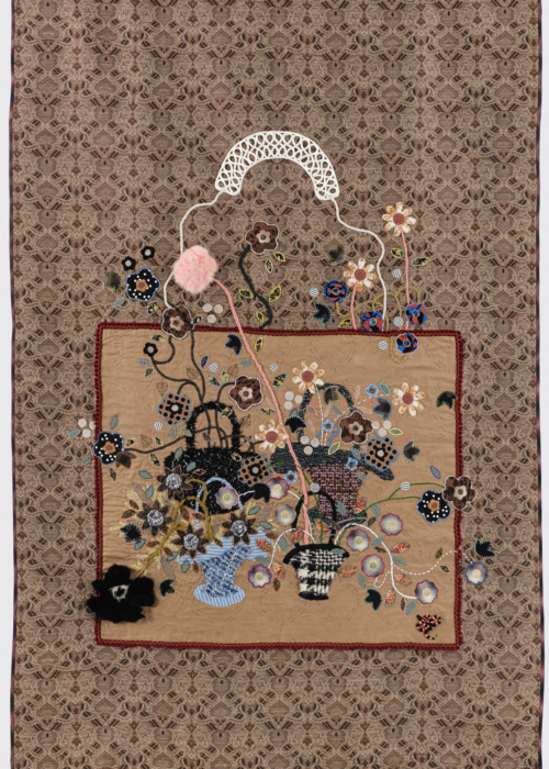Kao Ya-Ting, Full of blessings, 2023, tweed , yarn , embroidery thread, trimming, rabbit fur, 220 x 145 cm